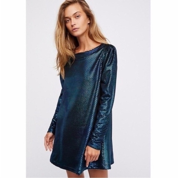 Free People Diamonds Are Forever Mermaid Mini Dress in Metallic Blue Small - Picture 1 of 15
